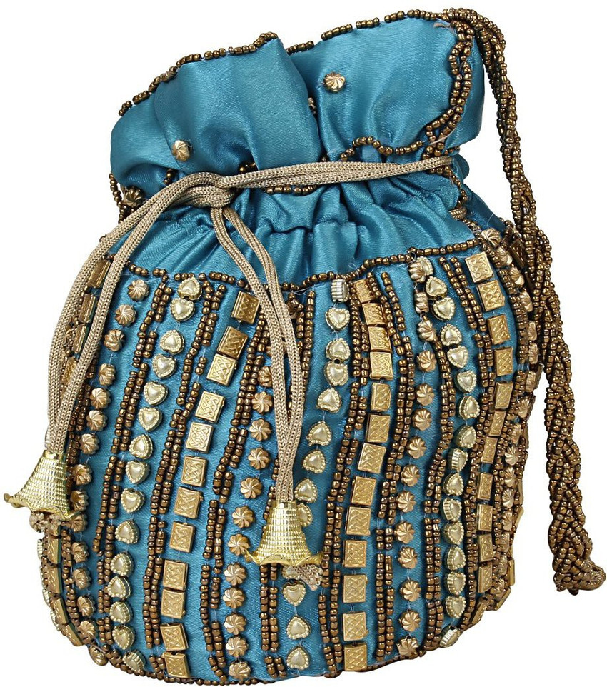LONGING TO BUY Satin Indian Jaipuriya Style Potli Bag for Women Girls Deep Sky Blue Potli Gold Blue Price in India Flipkart