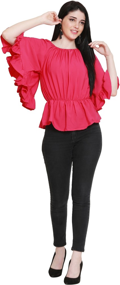 MEETNEX Casual Kimono Sleeve Solid Women Pink Top - Buy MEETNEX