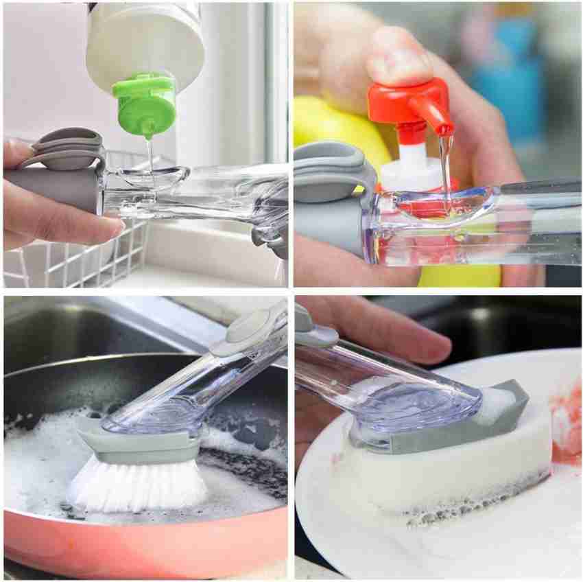 Dish Brush with Handle, Dish Scrubber with Soap Dispenser, Kitchen Scrub  Brush f