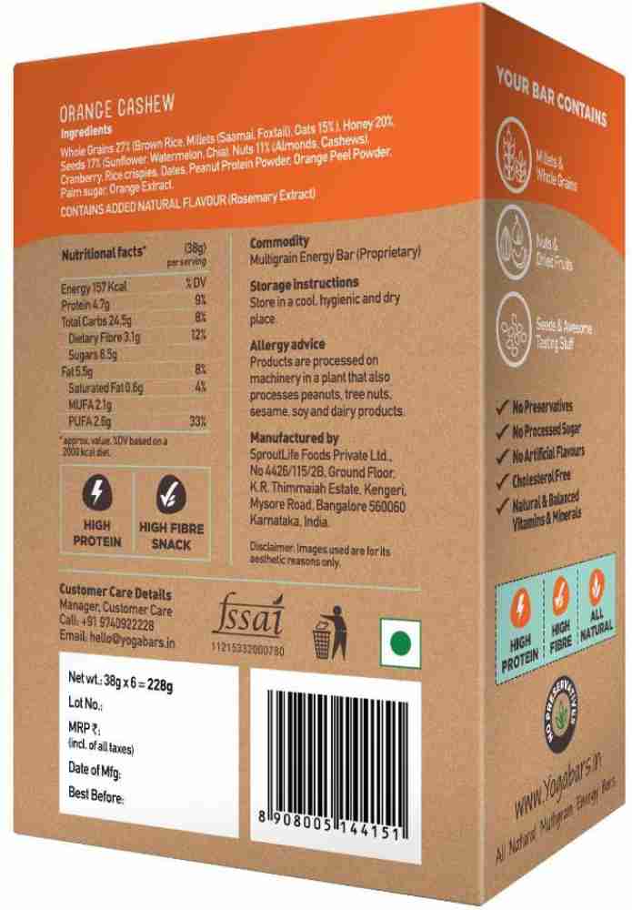 Yogabar Multigrain Energy Bar  Cashew Orange, Pack of 10