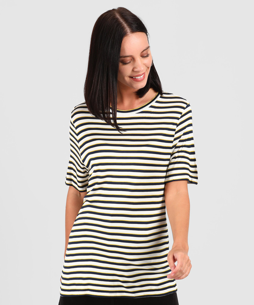 MARKS SPENCER Striped Women Round Neck Dark Blue White T Shirt