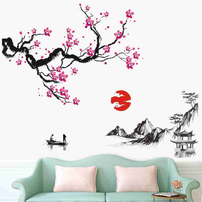 WALL STICKS Cherry Blossom Tree Mountain Lake Flowers Ink