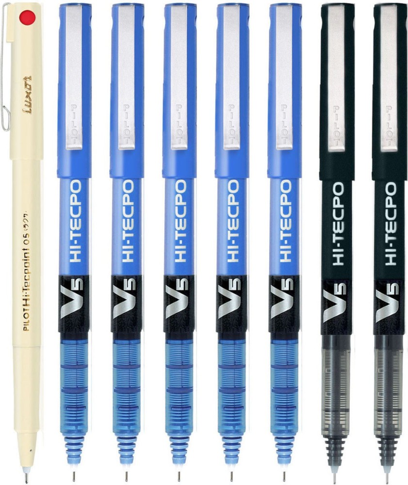 Pack of 8 - Luxor Pilot V5 Hi-TecPoint RollerBall Pen, Blue 4 Pen + Black 4  Pen