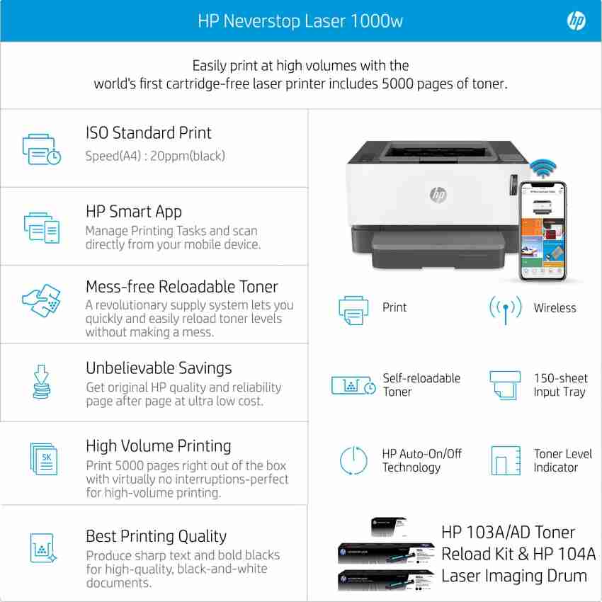 HP Neverstop 1000w WiFi Enabled Monochrome Laser Printer, 80% Savings on  Genuine Cartridge, Self Reloadable with 5X Inbox Yield, Smart Tasks with HP  Smart App, Low Emission & Clean Air Quality –