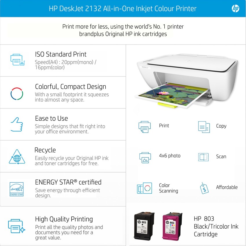 tidevand Prestigefyldte Kamel HP DeskJet 2132 All-in-One(F5S41D) Multi-function Color Inkjet Printer - HP  : Flipkart.com