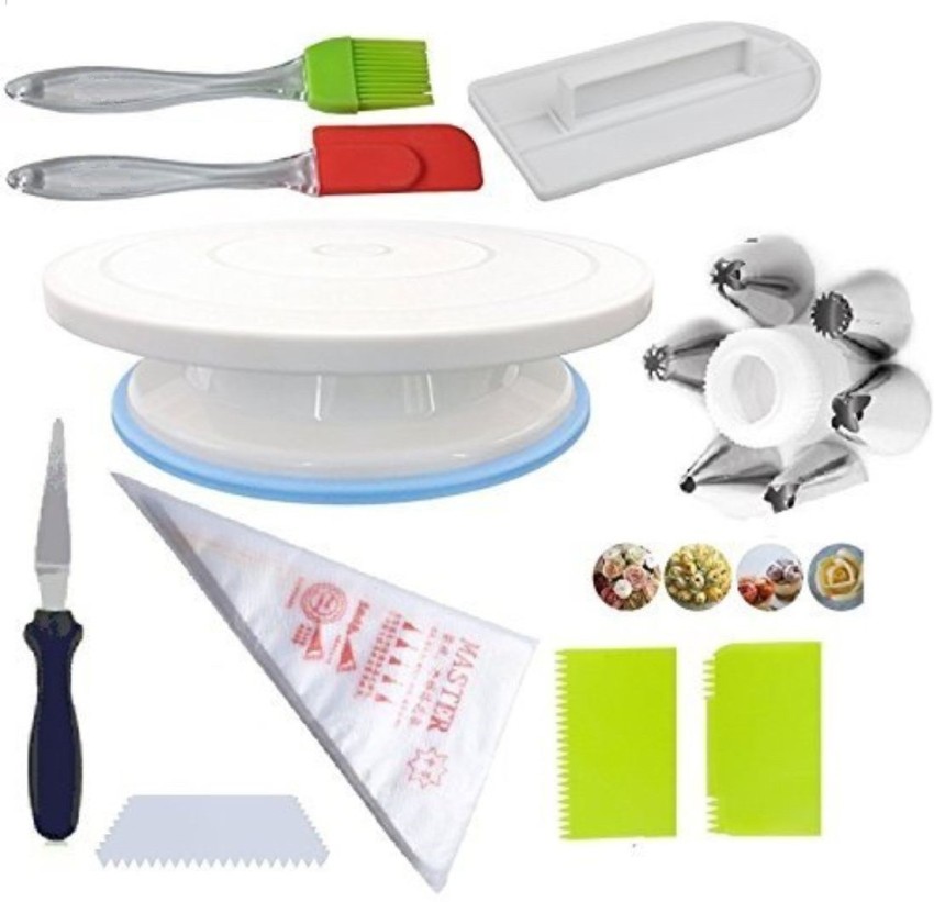 a class Turntable, Nozzle Set, scrapers for Cake, Measuring Cups and  Spoons, Silicon Brush Spatula, Smoother for Cake and fondant tool and Roses  cutture Kitchen Tool Set Price in India - Buy