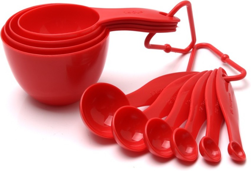 Kitchen Baking Plastic Measuring Spoon &cups Set For Dry Or Liquid (11 Pcs,  Red)