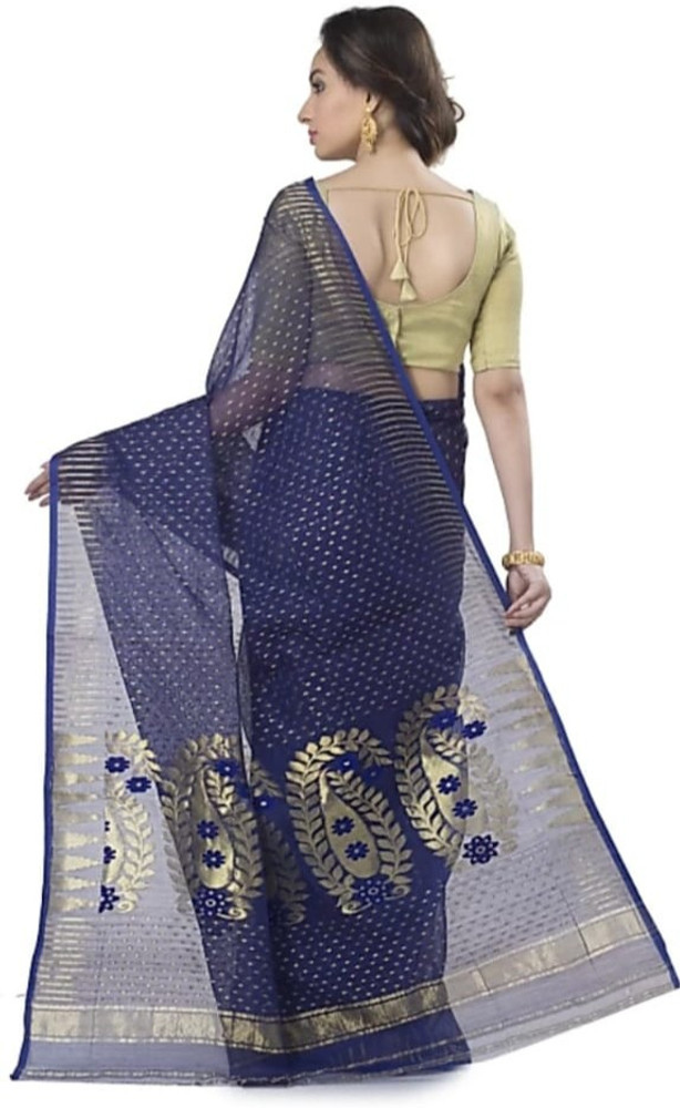 Buy Saheli Creation Paisley Jamdani Pure Cotton Dark Blue Sarees