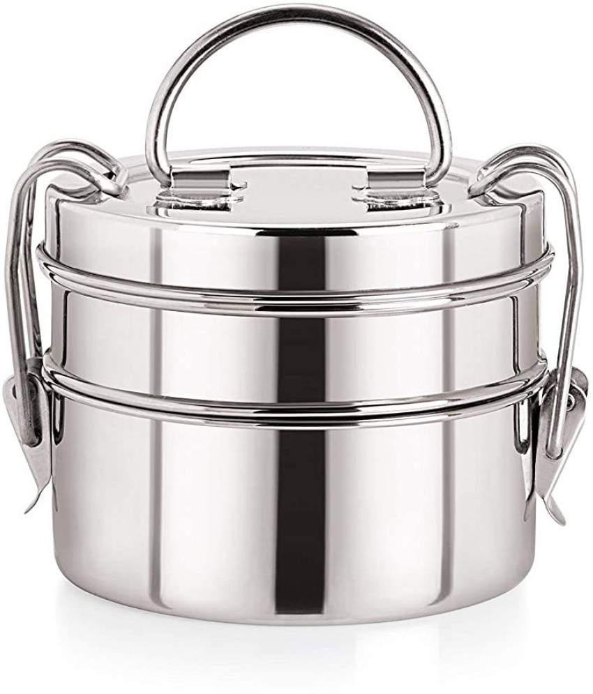 2-Tier Tiffin Lunch Box, Raja Domed Stainless Steel, Multiple