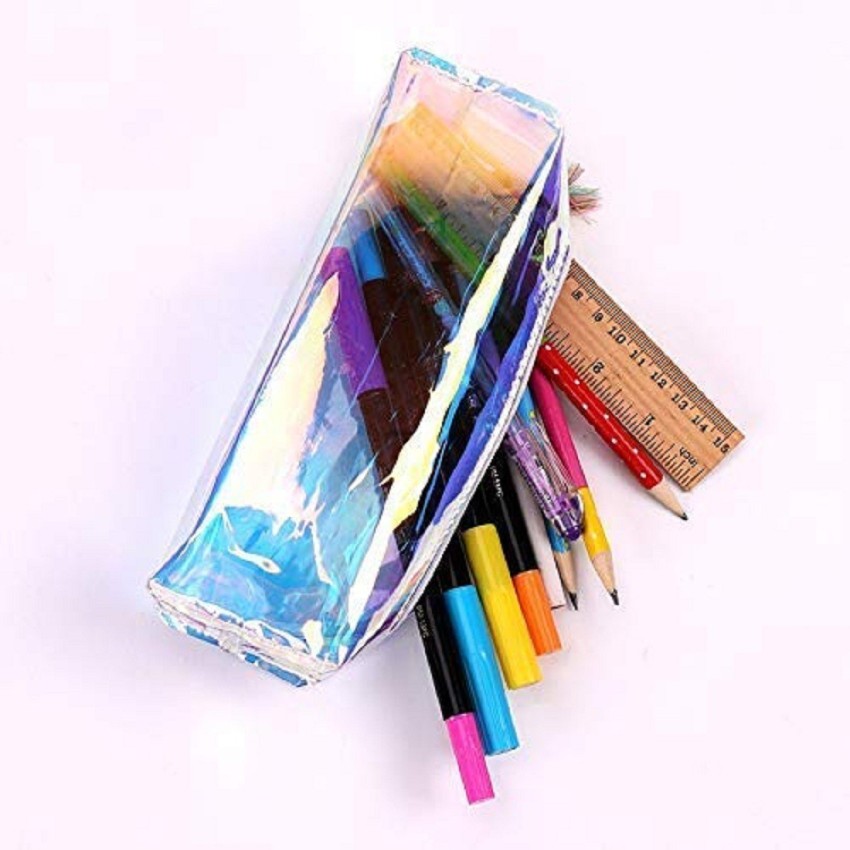 STRIPES Office & Stationery Transparent Pencil Case Cosmetic Bag Makeup  Pouch Pencils Box Pen Case Desk Organizer with Zipper for School Office  Students School Stationery Holographic Laser Glossy Pencil Bag Case Small