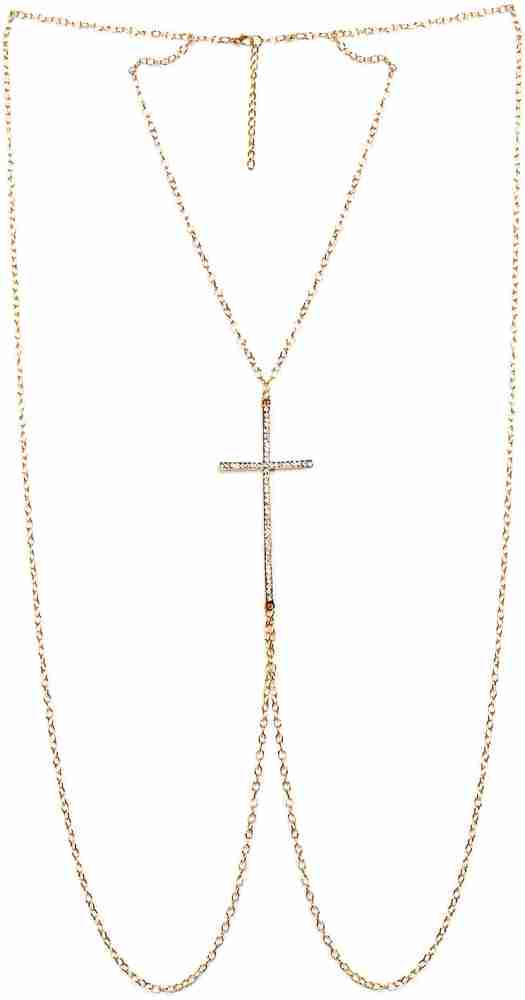 FEMNMAS Gold Christian Cross Stone Studded Body Harness Chain For