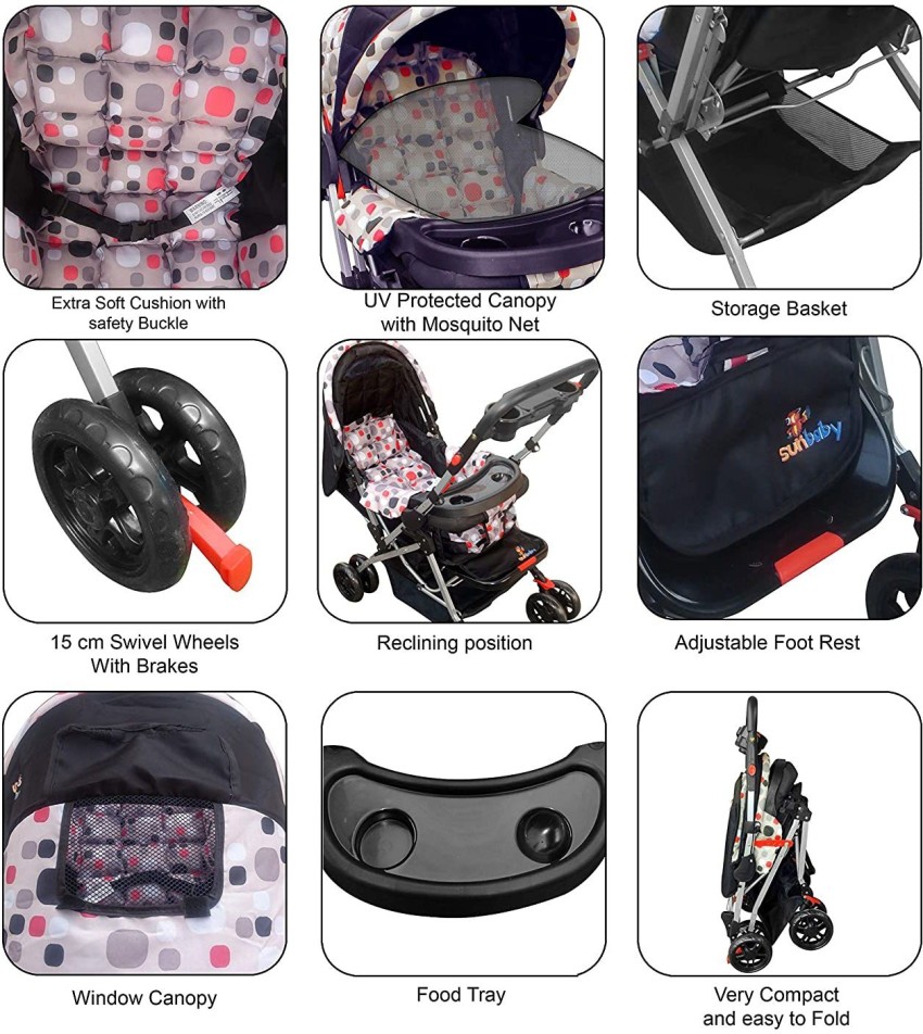 Sunbaby Bloom Stroller/Pram for New Born 0-3 Years,Extra Wide/Thick Cushion  seat,2 Food Trays, Reversible Handle,Mosquito Net for