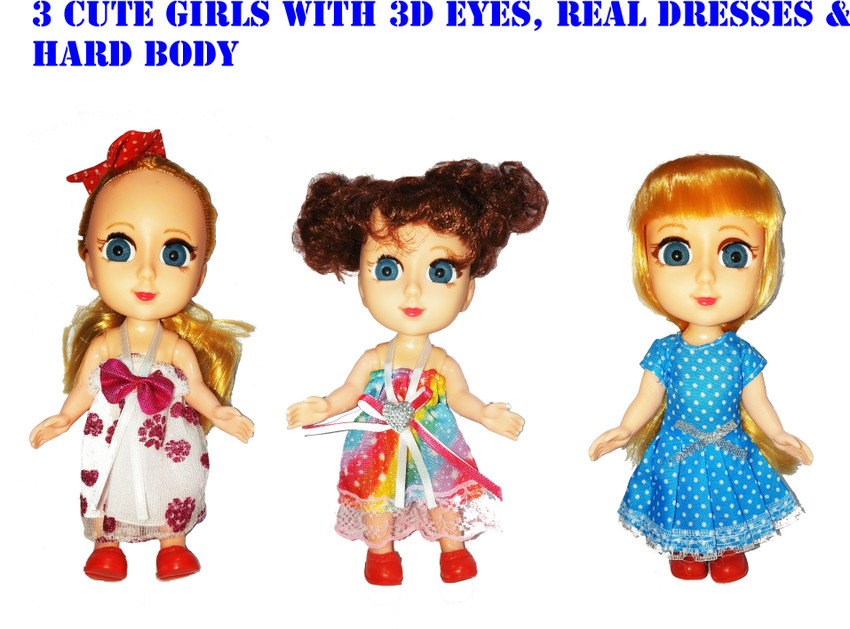 Shanaya 3 Cute Dolls Set For Girls With 3D Eyes Real Dresses Solid Heavy Bendable Body 3 Cute Dolls Set For Girls With 3D Eyes Real Dresses Solid Heavy Bendable Body
