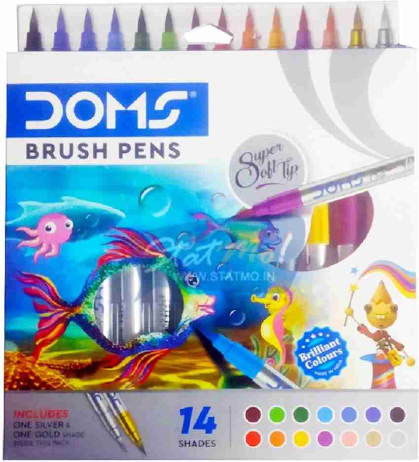 DOMS BRUSH PENS (14 Colour Shades) WITH 5 DRAWING Sheets | Super Soft Tip -  1 