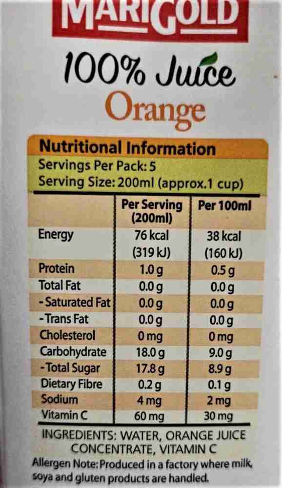 Orange juice deals nutritional information