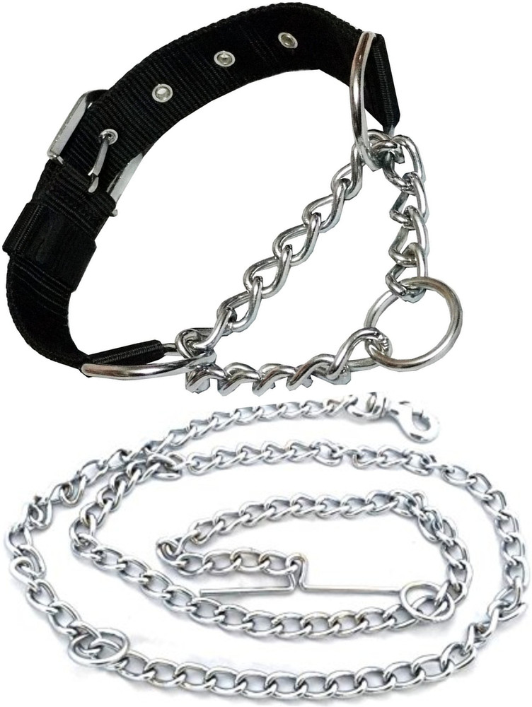 BODY BUILDING Dog Belt Combo of Black Dog Choke Collar with Dog Chain 1.5m Lengthy Dog Collar Chain