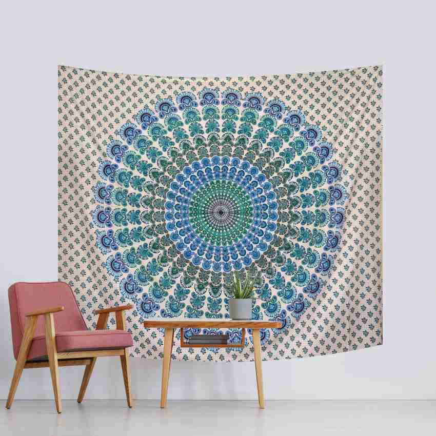 Blue Pink Peacock Feather Mandala Screen Printed Queen Twin Tapestry -  Yogashq