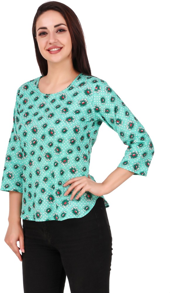 Now Try IT Casual 3/4 Sleeve Printed Women Green Top - Buy Now Try