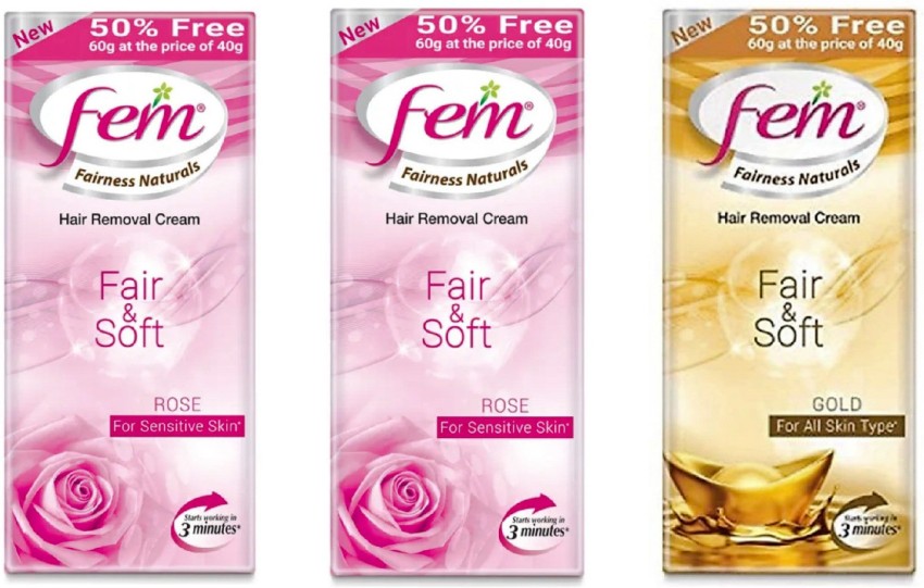 Fem Fairness Naturals Fair & Soft Hair Removal Cream Rose & Gold 40g #252  (Pack of 3) Cream - Price in India, Buy Fem Fairness Naturals Fair & Soft  Hair Removal Cream