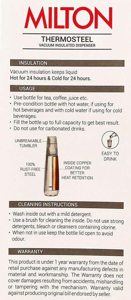 Milton 1000 Thermosteel Water Bottle with Unbreakable Tumbler 1000