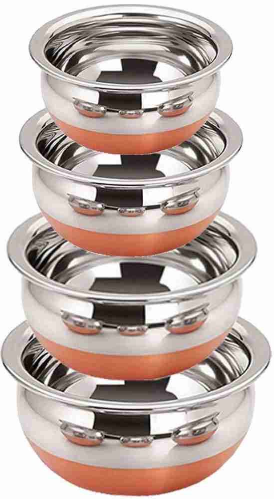 Copper Bottom Stainless Steel Kadai 4 Pcs Set to Cook / Fry 7.5