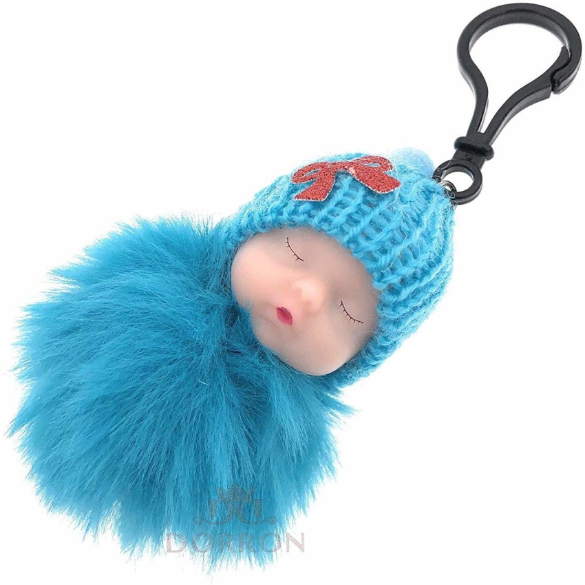 Cute Sleeping Baby Design Fluffy Faux Fur Pom Pom Keychain & Keyring for  Car Key/Ladies Bag/Purse / Suit case