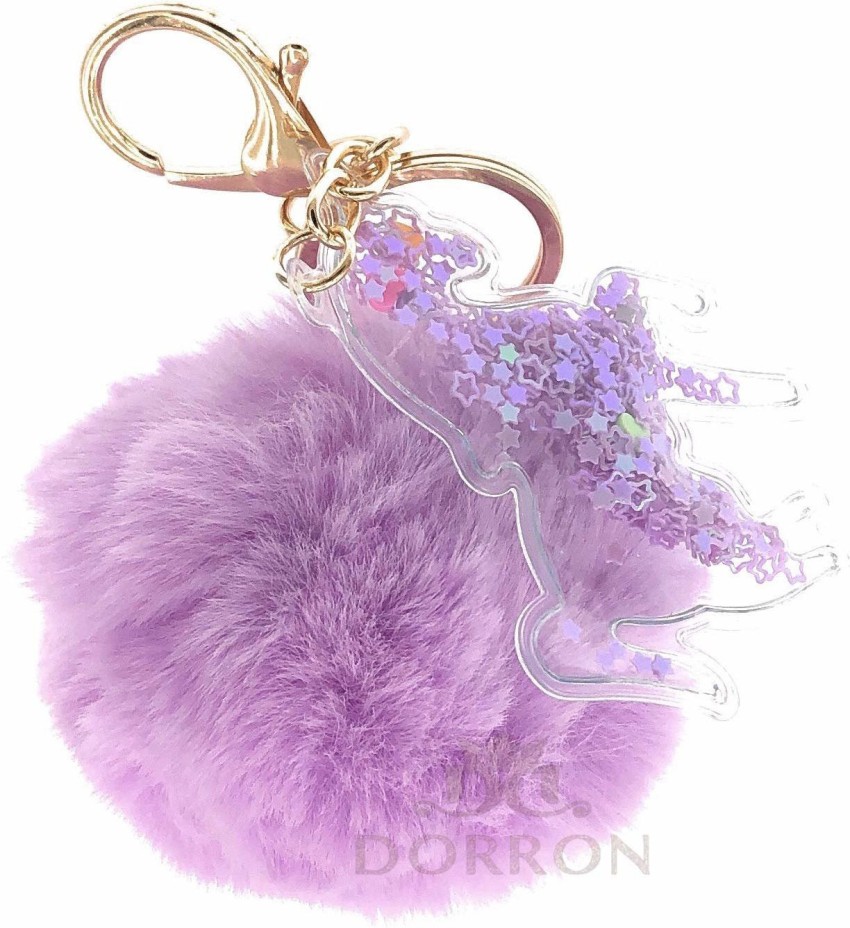DORRON iAccessories Fluffy Faux Fur Soft Bunny Pompom Key Ring Keychain for  Girls Bag Scooty Bike Car Keys (Violet)