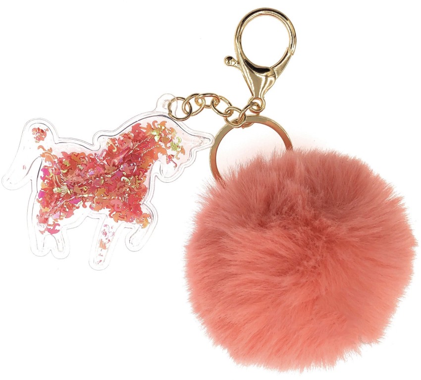 Key Chain, Pom Pom Keychain with diamond bear and Artificial Fur