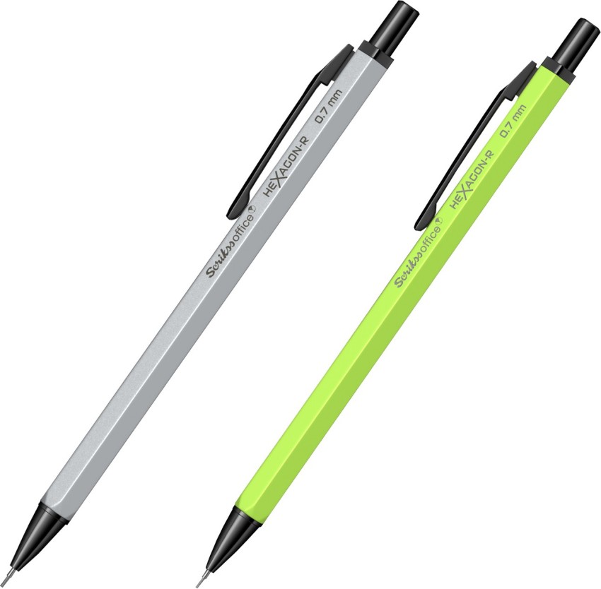 Scrikss Office Hexagon Shape Mechanical Pencil with 0.7mm  Lead of Grade HB, Satin Silver & Neon Green, Aluminium Body, Click  Mechanism, Mini Interchangeable Eraser, SS Clip Set of 2 Pencils