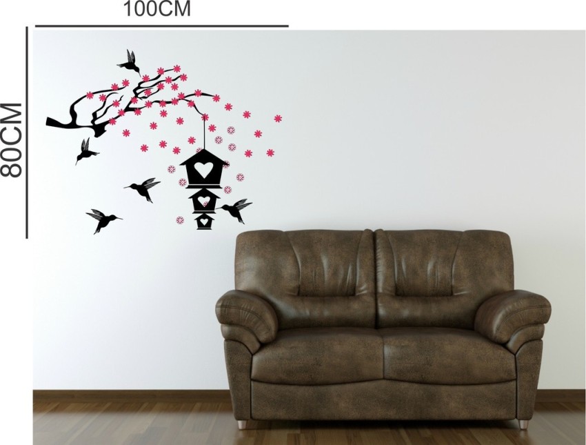 WALL GURU 100 cm bird house with pink flower decoretive wall sticker for  living room Self Adhesive Sticker Price in India - Buy WALL GURU 100 cm bird  house with pink flower