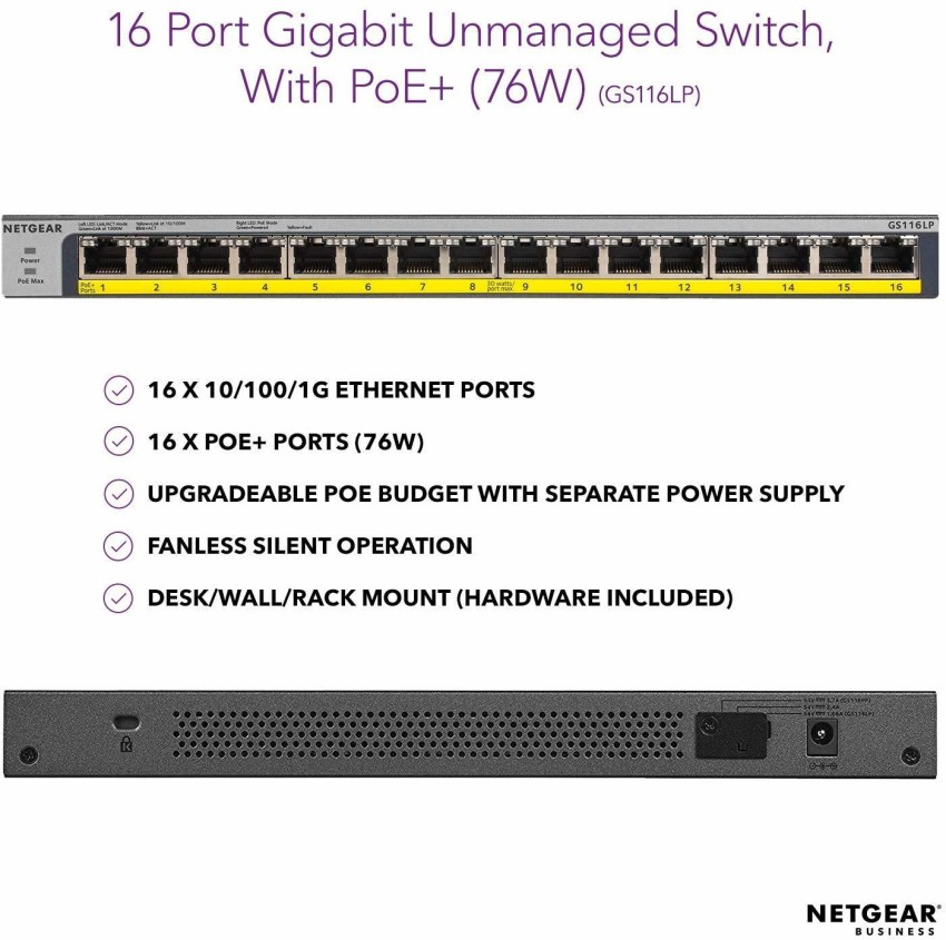 NETGEAR 16-Port Gigabit Ethernet Unmanaged PoE Switch (GS116LP) - with 16 x  PoE+ @ 76W Upgradeable, Desktop/Rackmount, and ProSAFE Limited Lifetime  Protection Network Switch - NETGEAR 