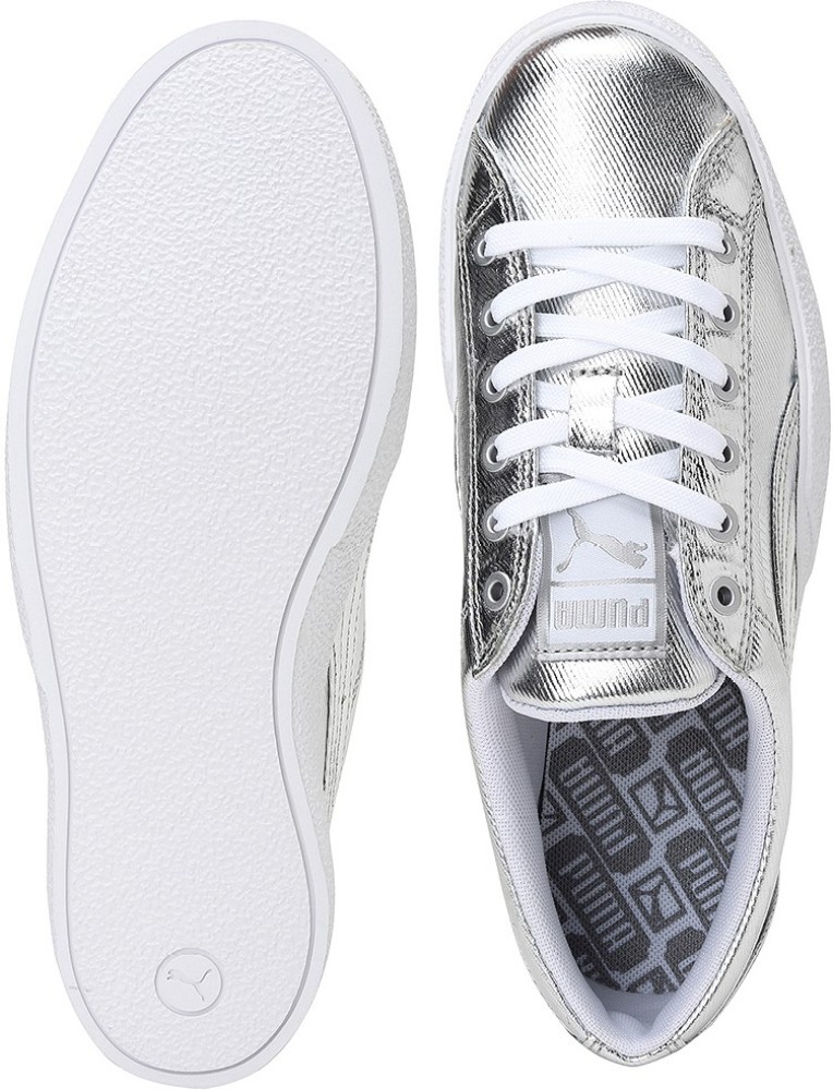 Silver Metallic Shiny Leather Lace Up Shoes Womens Sneakers