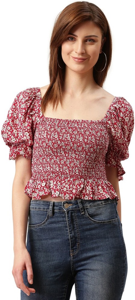 TREND ARREST Casual Puff Sleeve Floral Print Women Red Top - Buy