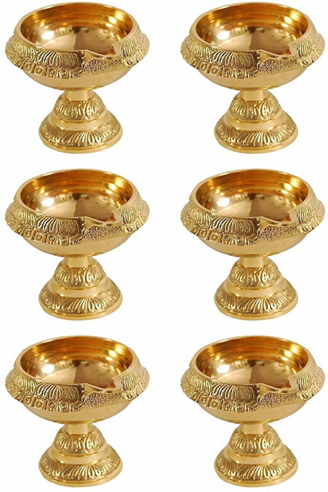 Set of 2) 5 Face Brass Deepak Oil Lamp (6 cm Height, Gold