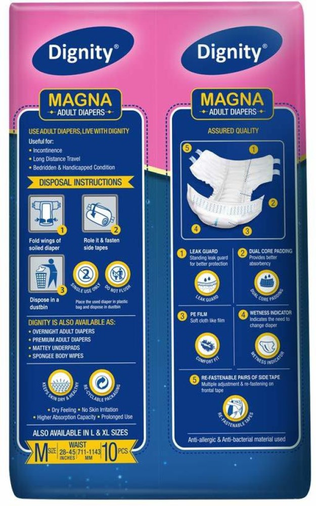 ROMSONS DIGNITY Magna Adult Diaper Medium 10 Pcs, Waist Size 28”- 45”, (Pack  of 6) Adult Diapers - M - Buy 60 ROMSONS DIGNITY Adult Diapers