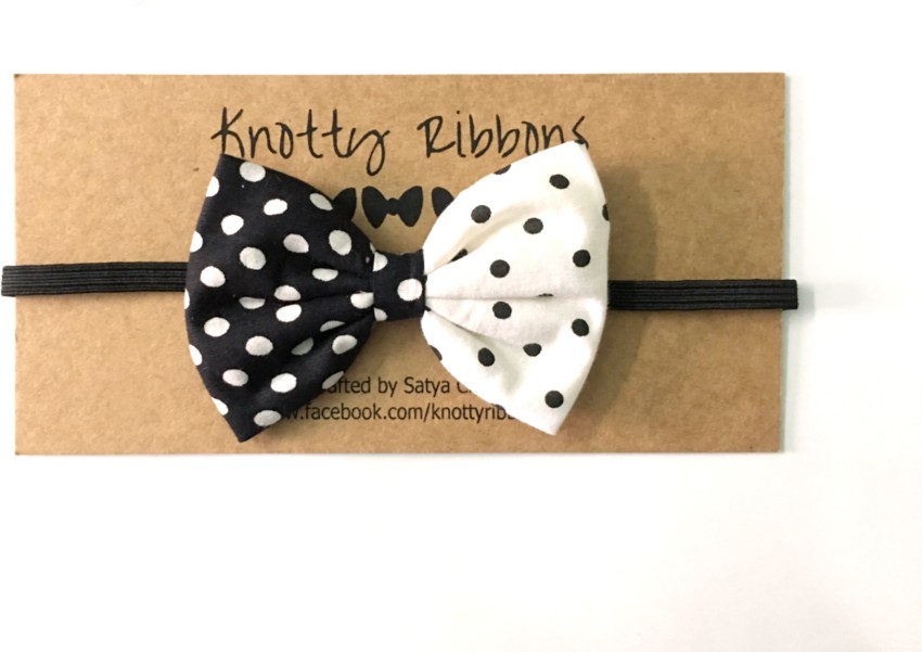 Knotty Ribbons Polka Dot Printed Bow Headband - Black & White Head