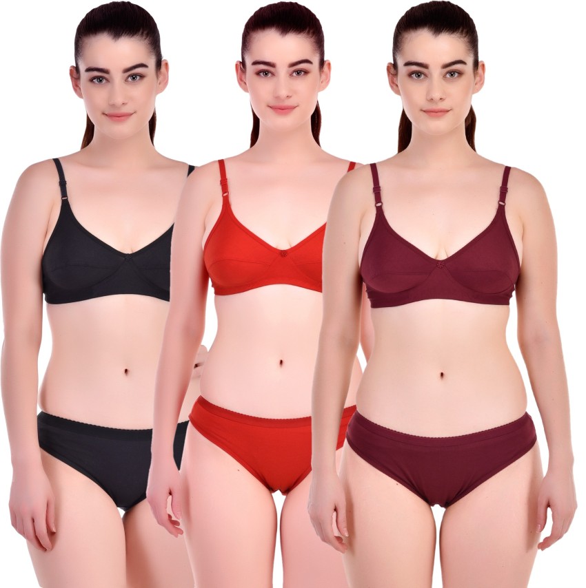 Buy Zivosis Women Red, Maroon Solid Cotton Blend Set Of 2 Bra And