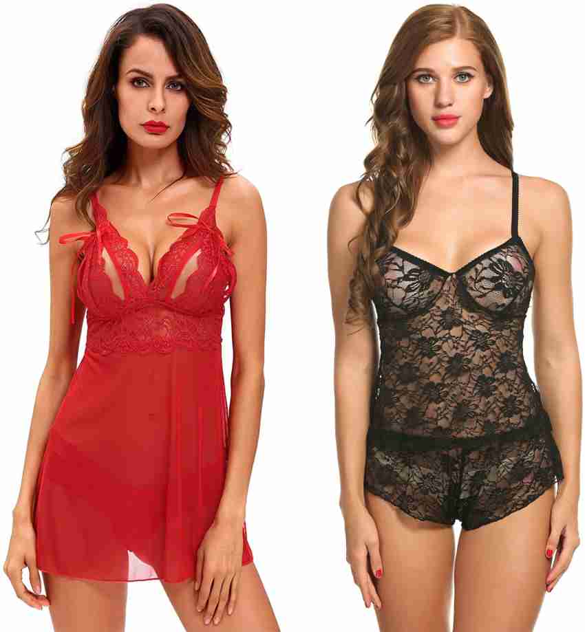 Buy ARARA Red Free Size Net and Lace Babydoll Nightwear Lingerie