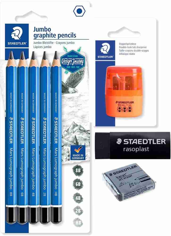 STAEDTLER Mars Lumograph Jumbo 100J SBK5 Drawing Pencils,  Kneadable & Rasoplast Erasers, Double Hole Tub Sharpener Art Set - Drawing  Pencils (Thick), Eraser and Sharpener Set