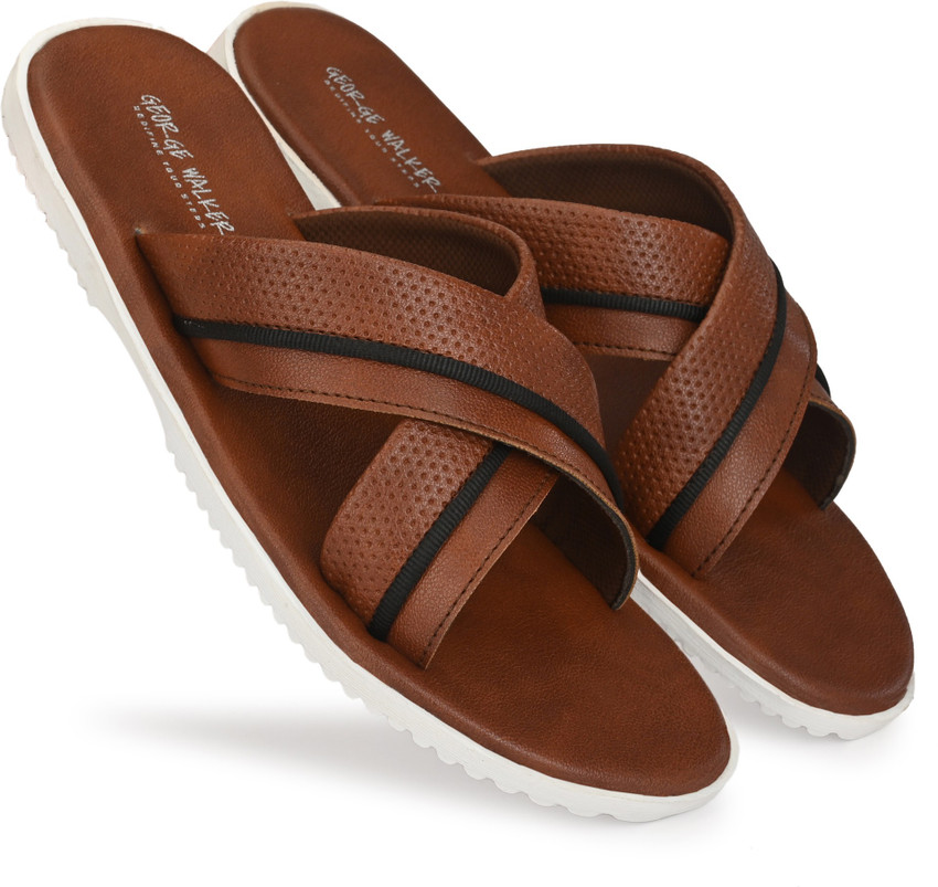 George Walker Men Brown Synthetic Leather Slippers Flip Flops