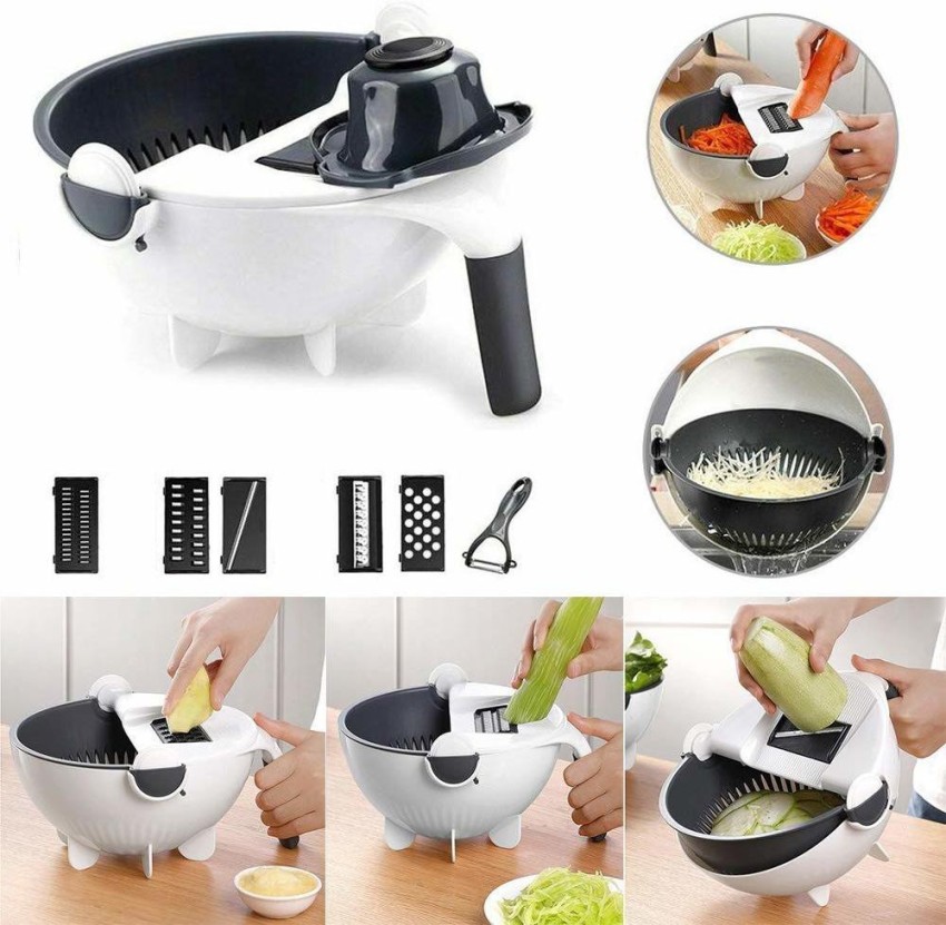  9 in 1 Multifunction Magic Rotate Vegetable Cutter with Drain  Basket Large Capacity Vegetables Chopper Veggie Shredder Grater Portable  Slicer Kitchen Tool with 8 Dicing Blades: Home & Kitchen