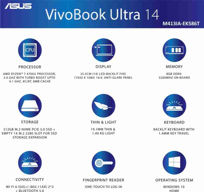 ASUS VivoBook Ultra 14 AMD Ryzen 7 Octa Core AMD R7 4700U 8 GB