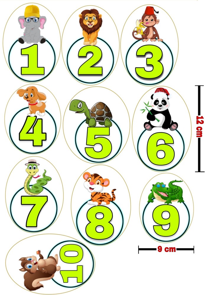 VMR 12 cm Number Stickers of Animals for Kids Room, School - Wall Stickers  (1 to 10 Numbers) - Kids Study Stickers Vinyl Multicolour (9cm x 12cm) per  Piece Self Adhesive Sticker