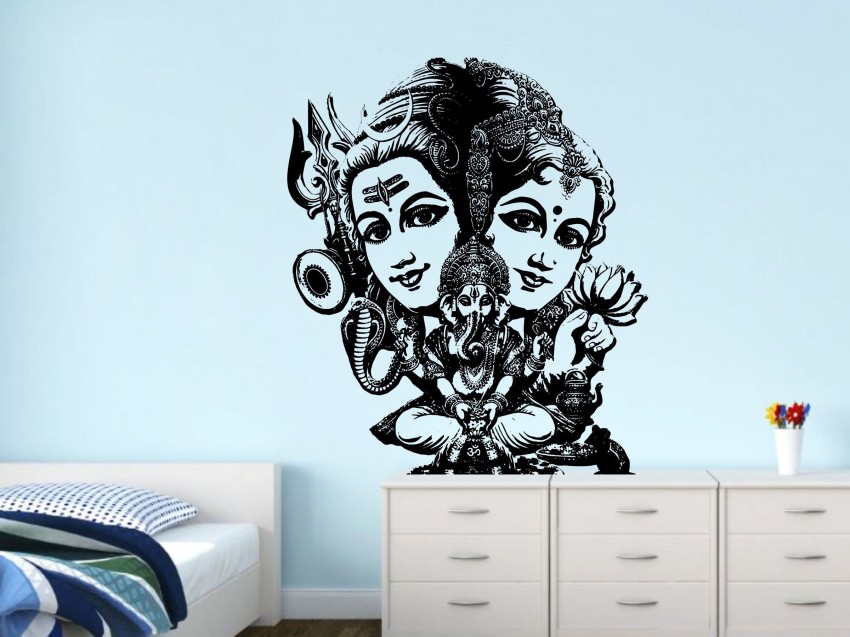 DivineDesigns 53 cm Shiv Parvati Ganesh Ji Wall Sticker Self