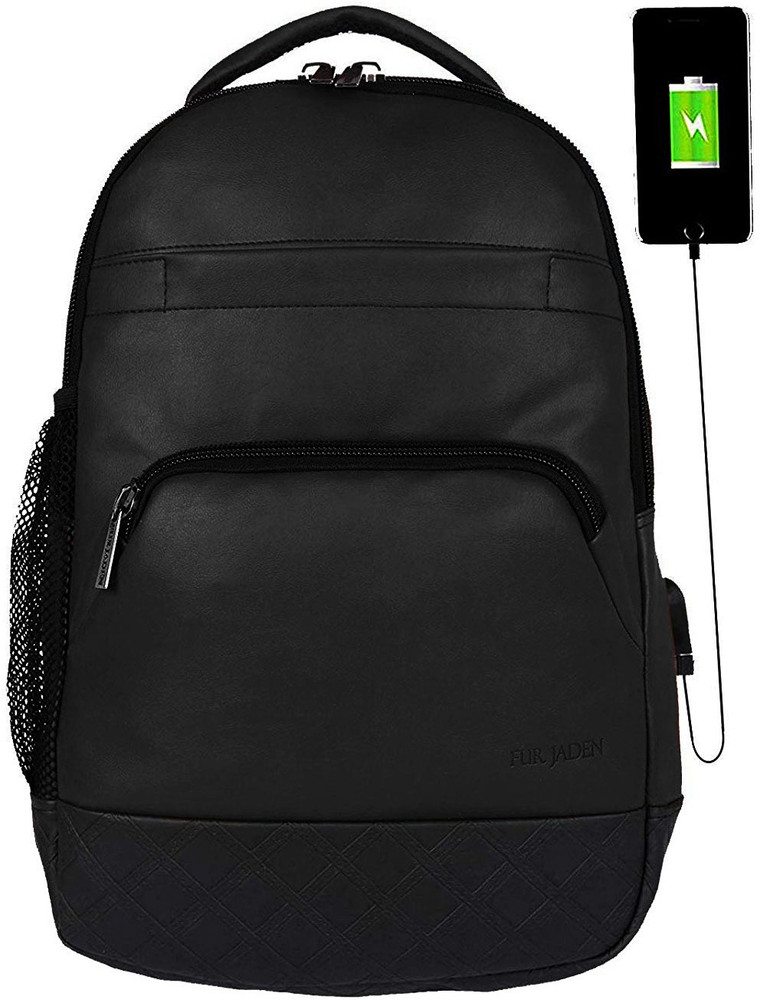 FUR JADEN Black PU Leather Laptop Backpack with USB Charging