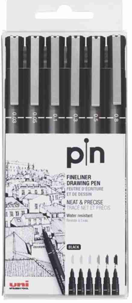 Uni Pin Drawing Pens/6 Assorted Tip Sizes, Uni Pin Technical Fineliner Pens, Pack of 6 Assorted Tip Sizes, Black Ink