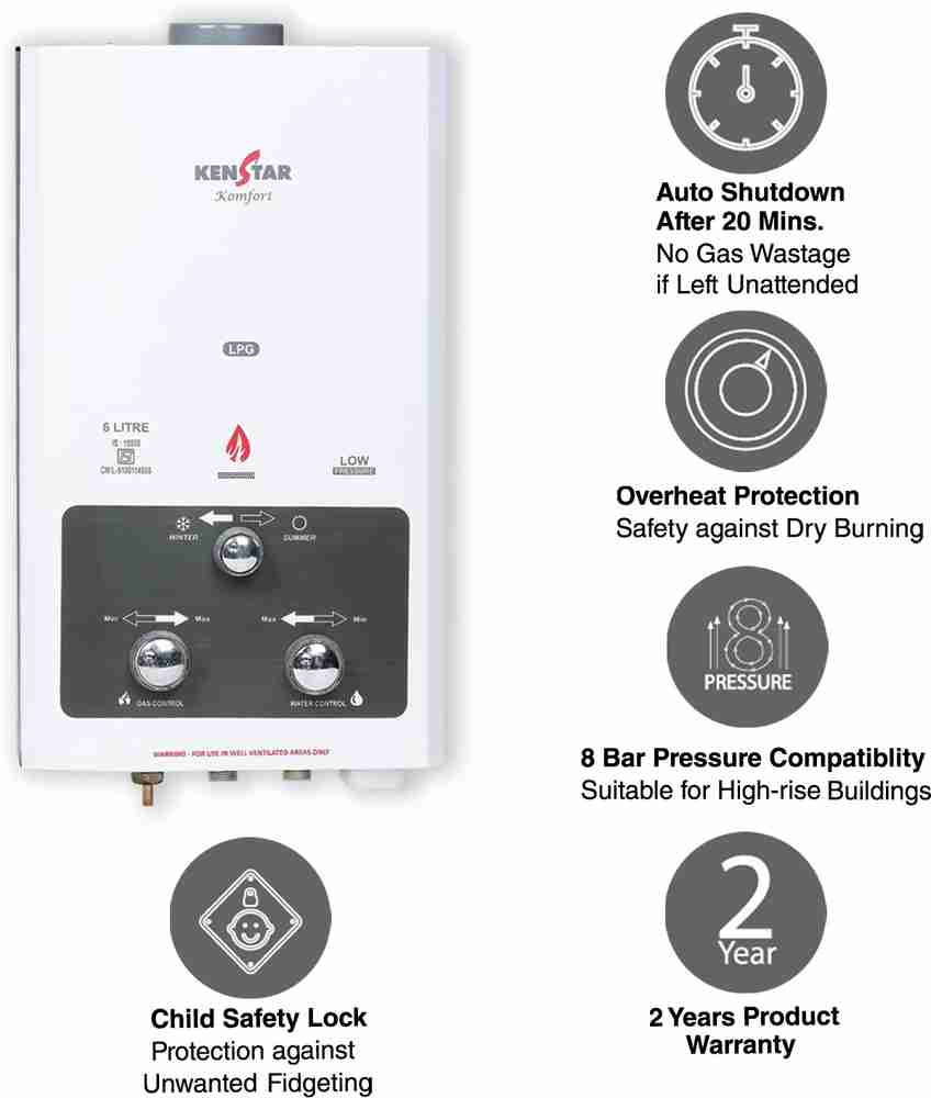 Kenstar 6 L Gas Water Geyser (KGGKOM06WM3VPN-DNC, White) Price in India -  Buy Kenstar 6 L Gas Water Geyser (KGGKOM06WM3VPN-DNC, White) online at  Flipkart.com