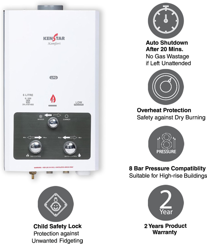 Kenstar 6 L Gas Water Geyser (KGGKOM06WM3VPN-DNC, White) Price in India -  Buy Kenstar 6 L Gas Water Geyser (KGGKOM06WM3VPN-DNC, White) online at  Flipkart.com