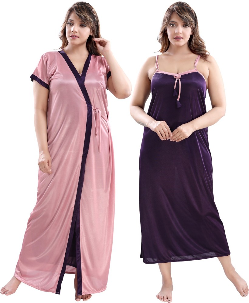 Be You Solid Satin Nighty with Robe for Women, Multicolor - Free Size