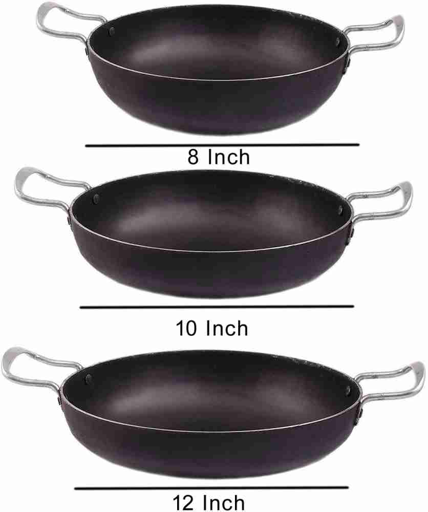 Set of 3 Iron Kadai Traditional Wok Size 8 1L, 10 2L, 123L Indian